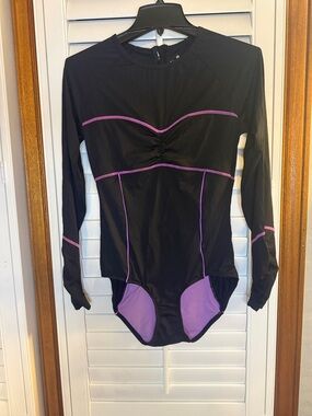 Athleta Black Long-Sleeve Bodysuit with Purple Trim